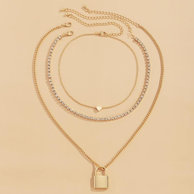 

3pcs Lock Pendant Necklace, Gold