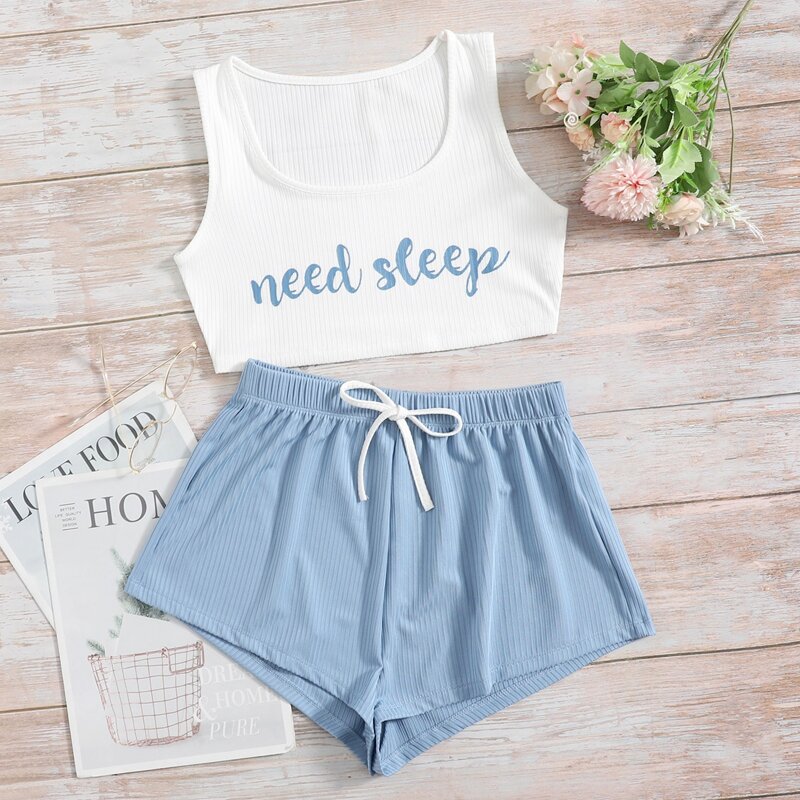 

Slogan Graphic Tank Lounge Set, Blue and white