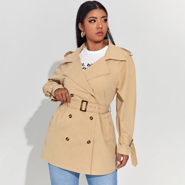 

Plus Double Breasted Belted Trench Coat, Khaki