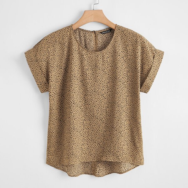 

Plus Confetti Print Keyhole Back Blouse, Mocha brown