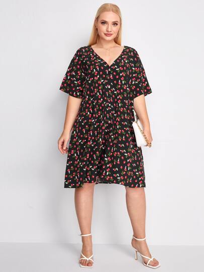 فساتين مقاسات كبيرة بازرارأمامية ازهار صغيرة بوهو