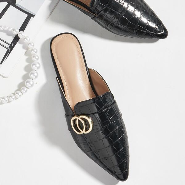 

Point Toe Croc Embossed Flat Mules, Black