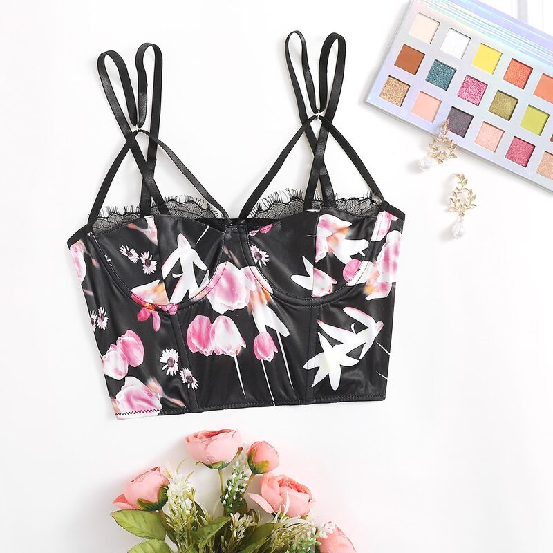 

Floral Print Lace Trim Underwire Bra, Black
