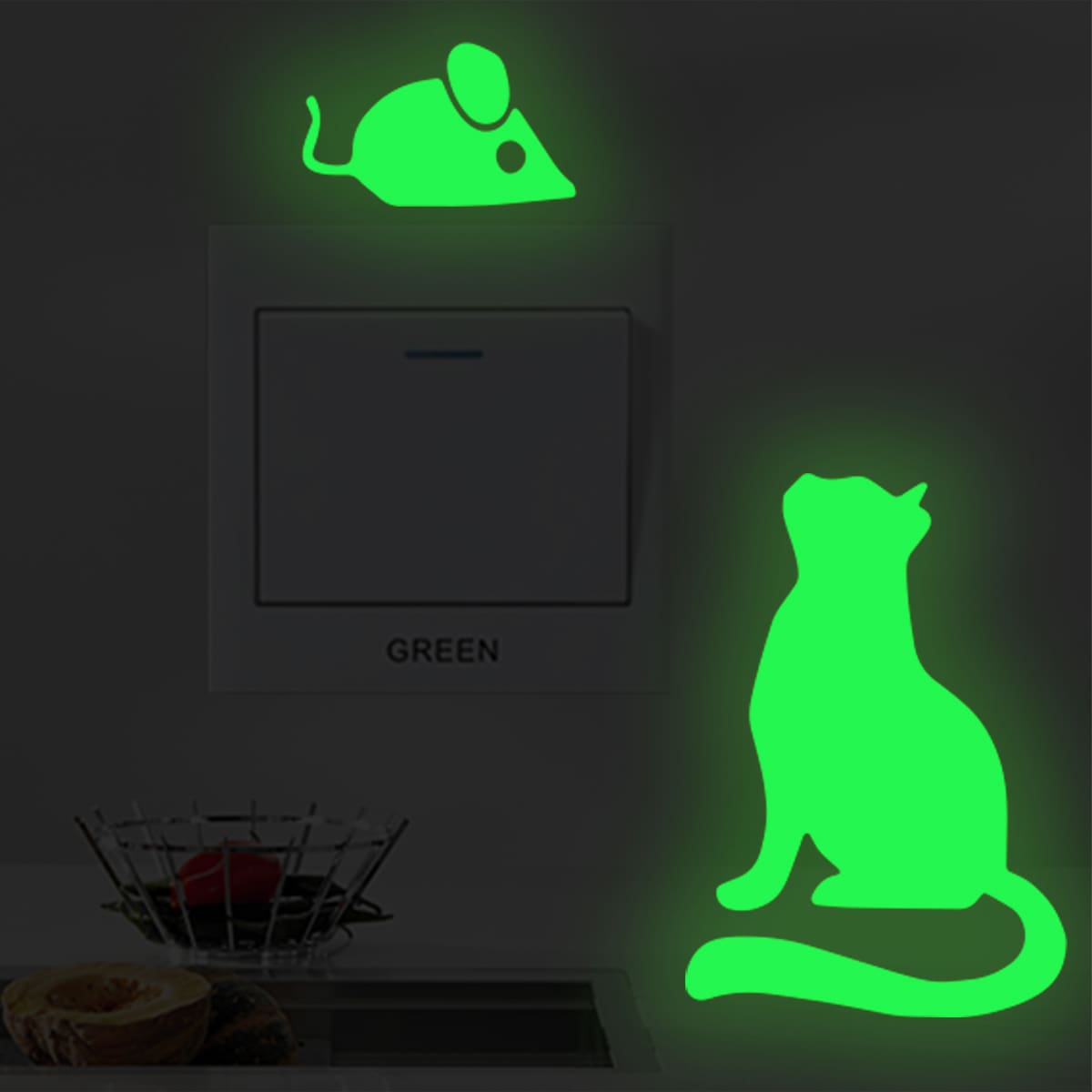 

Cat & Rat Print Luminous Wall Sticker, Green
