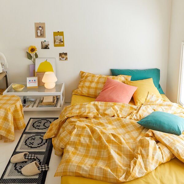 

Plaid Pattern Duvet Cover Set Without Filler, Mustard yellow
