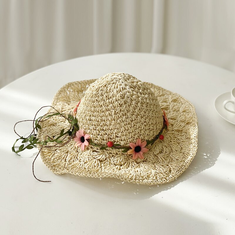 

Flower Decor Straw Hat, Beige