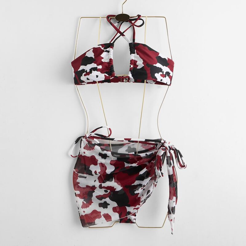 

Allover Print Halter Bikini Swimsuit & Beach Skirt, Multicolor