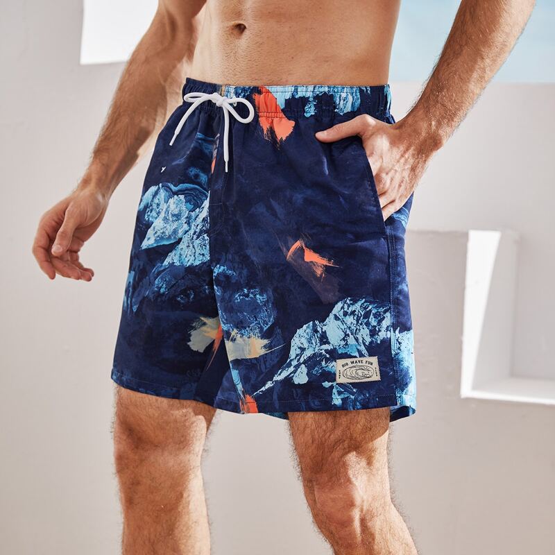 

Guys Graphic Print Pocket Drawstring Swim Shorts, Multicolor