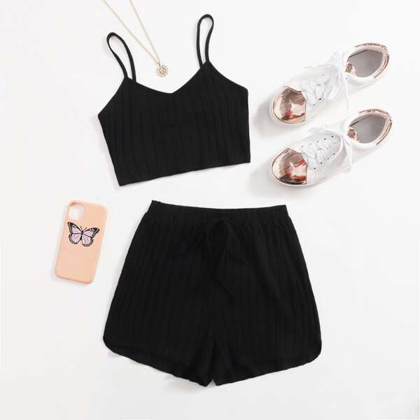 

Solid Rib-knit Cami Top and Shorts Set, Black