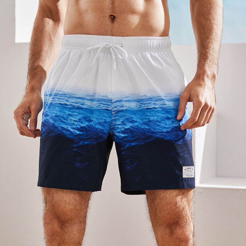 

Guys Sea Print Patched Drawstring Waist Swim Trunks, Blue and white