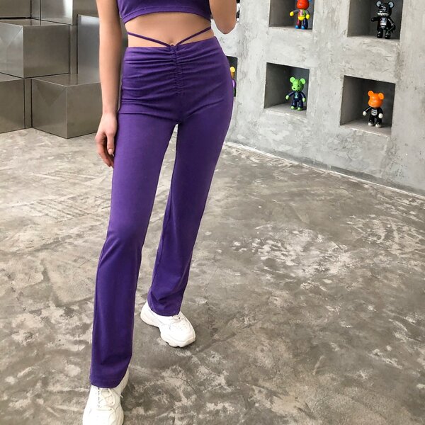 

Solid Drawstring Detail Pants, Purple