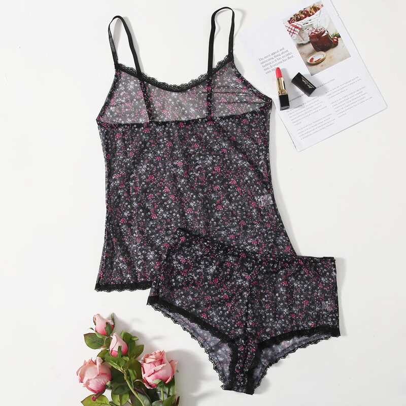 

Ditsy Floral Mesh Lingerie Set, Black