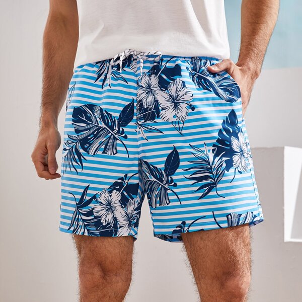 

Men Tropical & Striped Drawstring Waist Swim Trunks, Blue and white