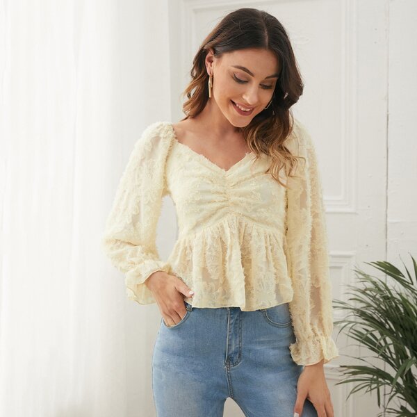 

Flounce Sleeve Ruffle Hem Top, Beige