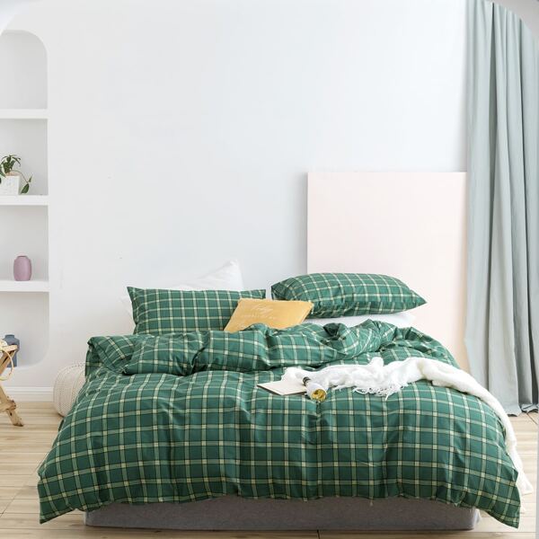 

Plaid Pattern Duvet Cover Set Without Filler, Green