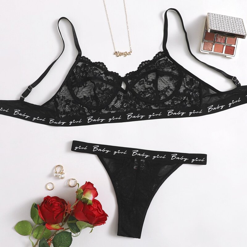 

Letter Tape Lace Underwire Lingerie Set, Black