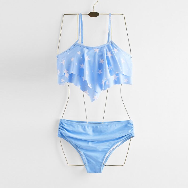 

Star Print Ruffle Bikini Swimsuit, Baby blue