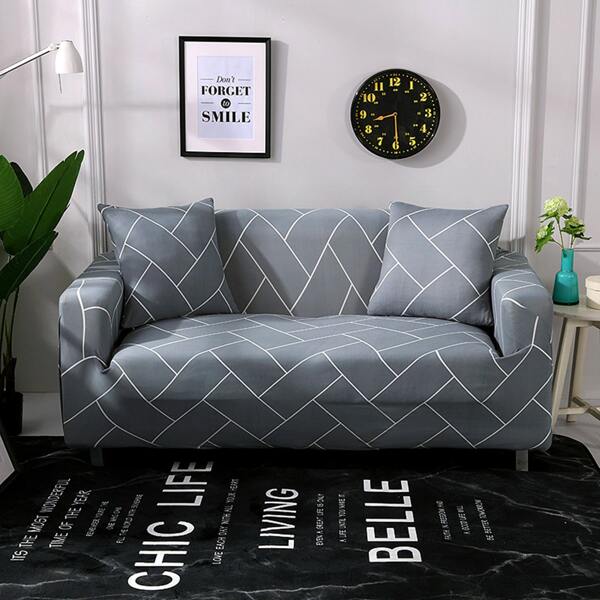 

Geometric Pattern Stretchy Sofa Cover & 1pc Cushion Cover, Grey