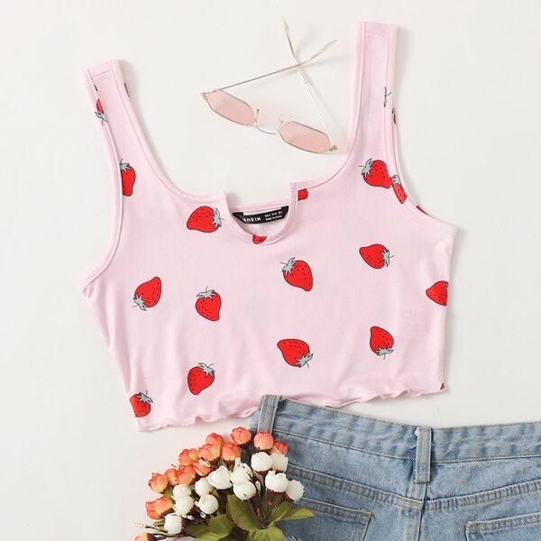 

Strawberry Print Notch Neck Lettuce Edge Tank Top, Baby pink