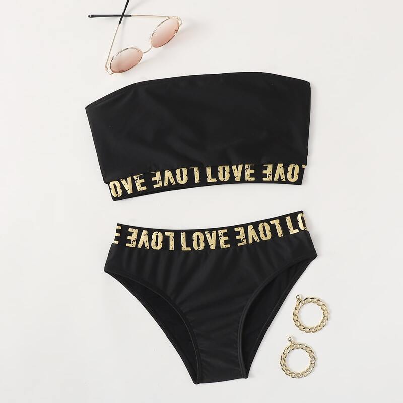 

Letter Tape Bandeau Bikini Swimsuit, Black