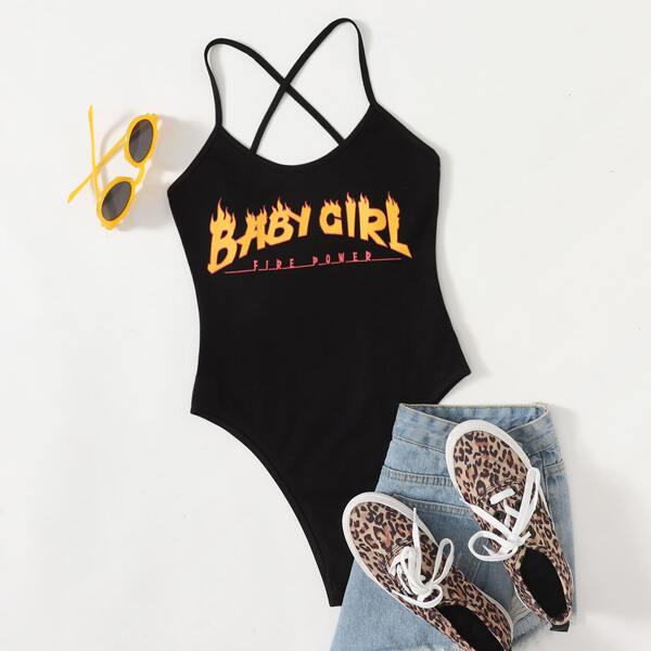 

Letter Graphic Crisscross Detail Cami Bodysuit, Black