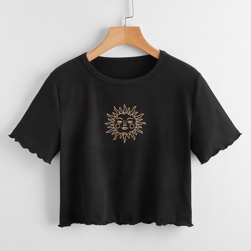 

Sun Graphic Lettuce Trim Crop Tee, Black