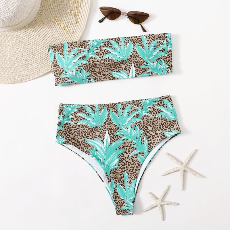 

Leopard & Leaf Print Bikini Swimsuit, Multicolor
