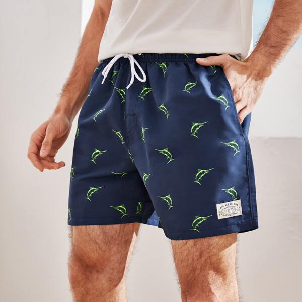 

Men All Over Fish Print Drawstring Swim Trunks, Navy blue