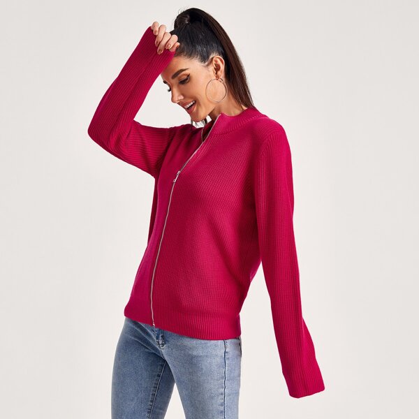

Zipper Front Ribbed Knit Cardigan, Hot pink