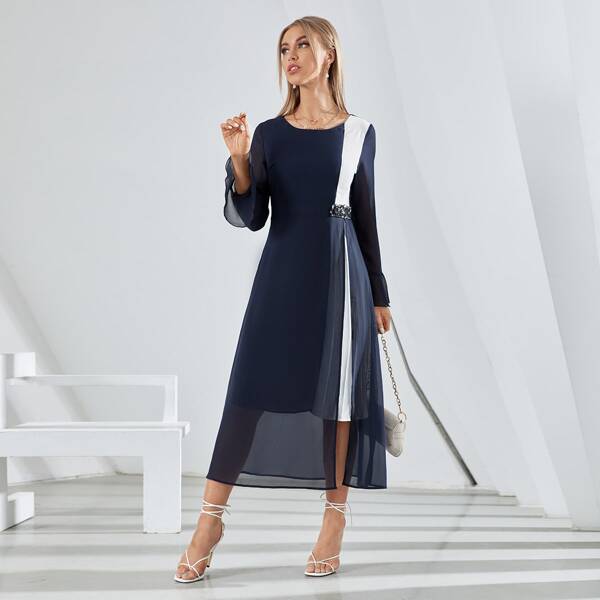 

Colorblock Flounce Sleeve Asymmetrical Hem Dress, Navy blue