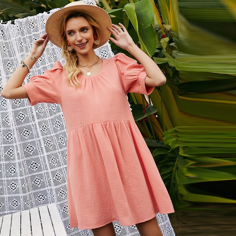 

Puff Sleeve Solid Smock Dress, Watermelon pink