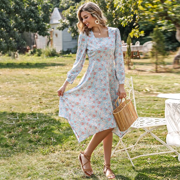 

Square Neck Floral Print Asymmetrical Hem Dress, Multicolor
