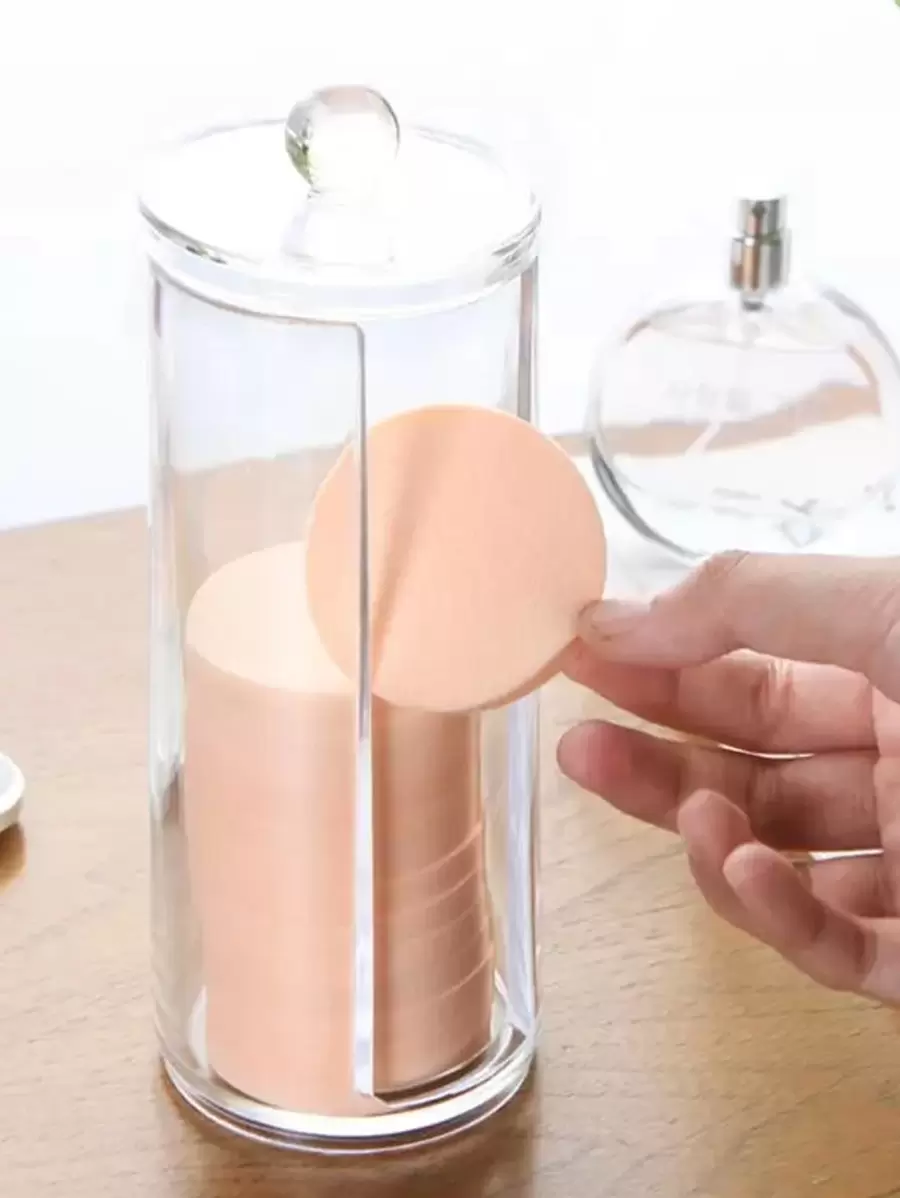 Cosmetic Facial Pad Holder, 1pc Acrylic Makeup Organizer, Cosmetic Facial Pad Organizer Container, Bathroom Jars For Round Pad, Cosmetic Makeup Storage Box With Lid, For Dresser, Bathroom, Vanity & Countertop - Clear - View 1