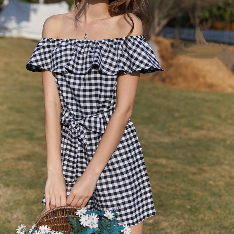 

Plaid Belted Off Shoulder Ruffle Romper, Black and white