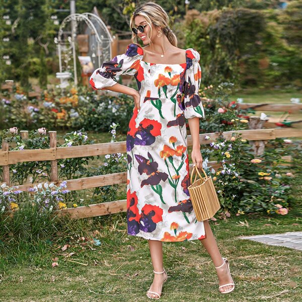 

Floral Print Split Side Fitted Dress, Multicolor