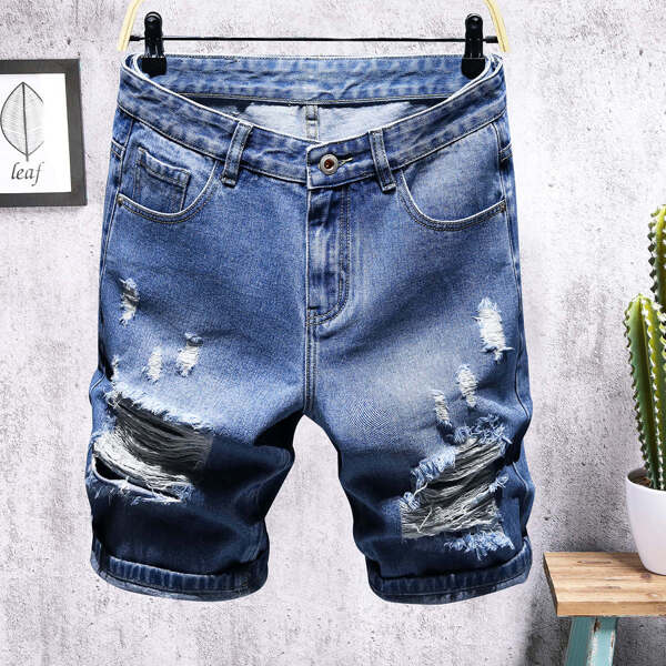 

Men Ripped Pocket Button Fly Denim Shorts, Medium wash