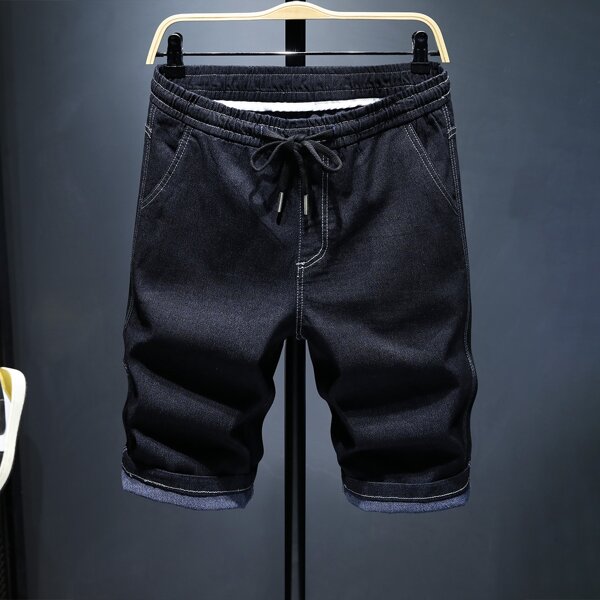 

Men Letter Patched Drawstring Denim Shorts, Black