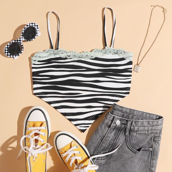 

Zebra Striped Lace Detail Cami Top, Black and white