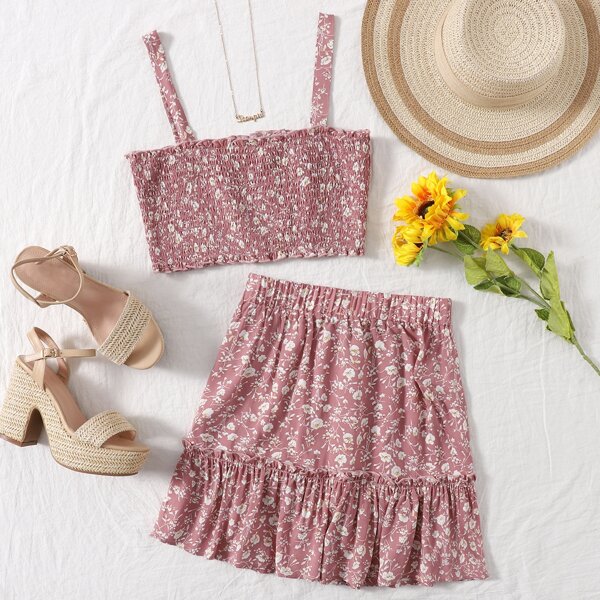 

Ditsy Floral Shirred Cami Top & Ruffle Hem Skirt Set, Dusty pink