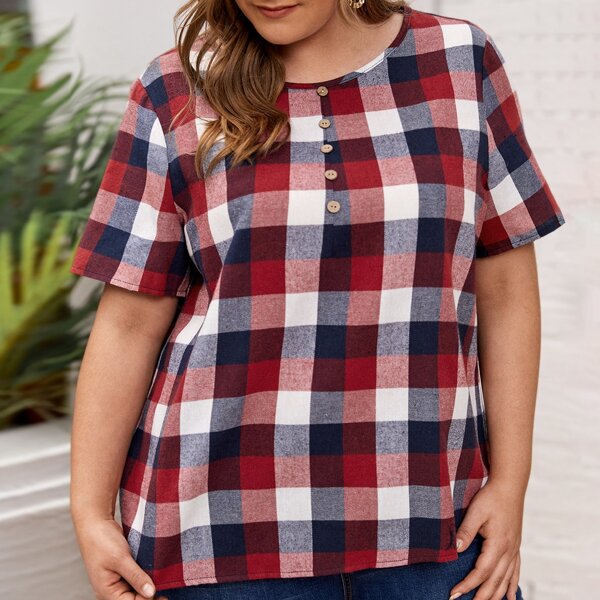

Plus Half Button Front Plaid Blouse, Multicolor