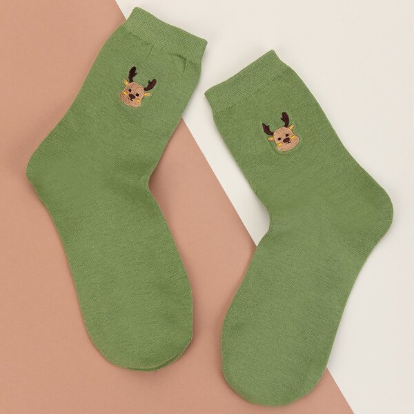 

Cartoon Embroidered Crew Socks, Green