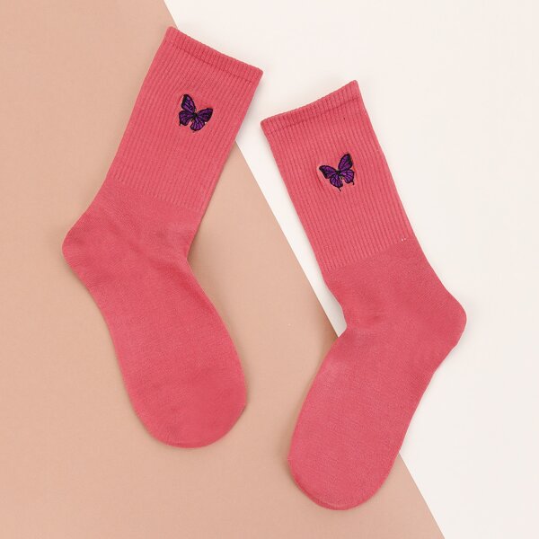 

Butterfly Embroidered Crew Socks, Hot pink