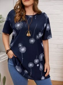 EMERY ROSE Plus Dandelion Print Longline Blouse - Navy Blue - View 1