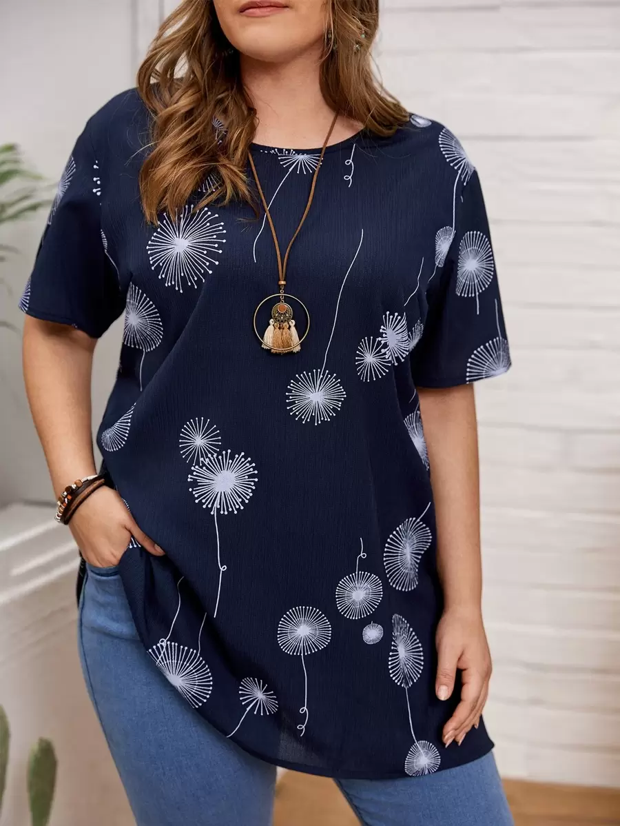 EMERY ROSE Plus Dandelion Print Longline Blouse - Navy Blue - View 1