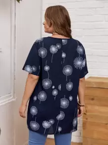 EMERY ROSE Plus Dandelion Print Longline Blouse - Navy Blue - View 2