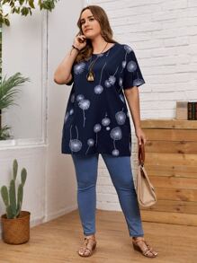 EMERY ROSE Plus Dandelion Print Longline Blouse - Navy Blue - View 3