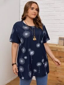 EMERY ROSE Plus Dandelion Print Longline Blouse - Navy Blue - View 4
