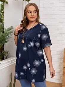 EMERY ROSE Plus Dandelion Print Longline Blouse - Navy Blue - View 5