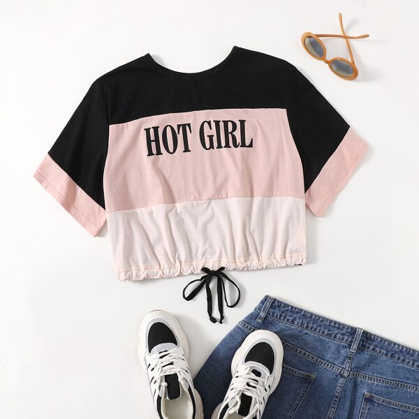 

Plus Drawstring Hem Color Block Crop Tee, Multicolor