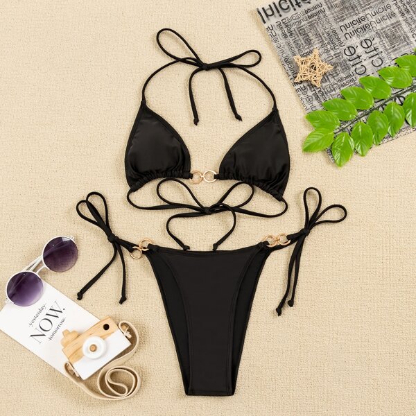 

Ring Linked Triangle Thong Bikini Swimsuit, Black